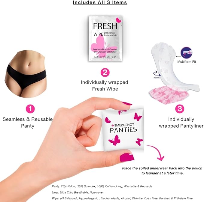 Emergency Panties 4in1 Kit = Seamless Underwear, Fresh Wipe & Liner Accidents Travel On-The-Go Toiletry Kit Plus Size fit 1X-3X Black Bikini