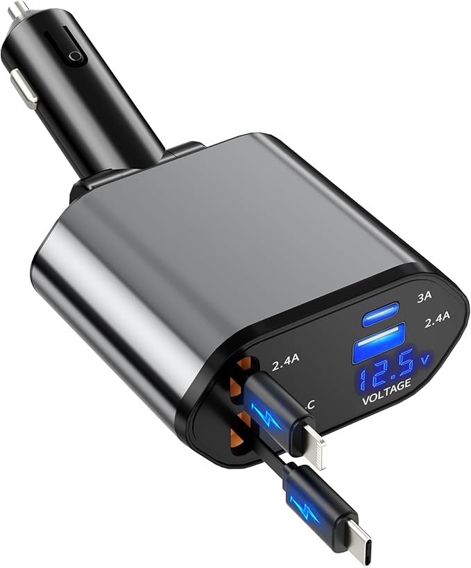 Retractable Car Charger, 4 in 1 Fast Charging Car Charger USB-C & USB-A Compatible with iPhone 16/15/14/13/12/11/X,Galaxy,Pixel