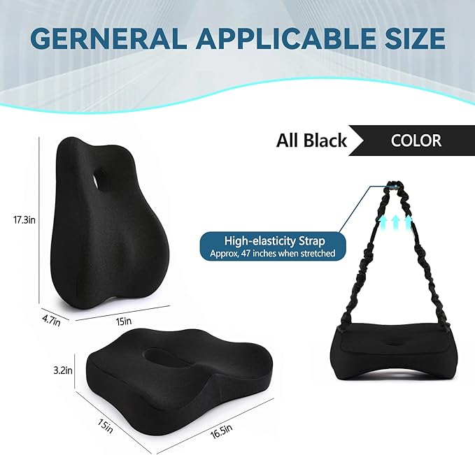 Seat Cushion & Lumbar Support Pillow Set,Memory Foam Office Chair Cushion for Tailbone Pain, Non-Slip Back Support for Car,Desk,Gaming Chair,Wheelchair, Breathable & Machine Washable