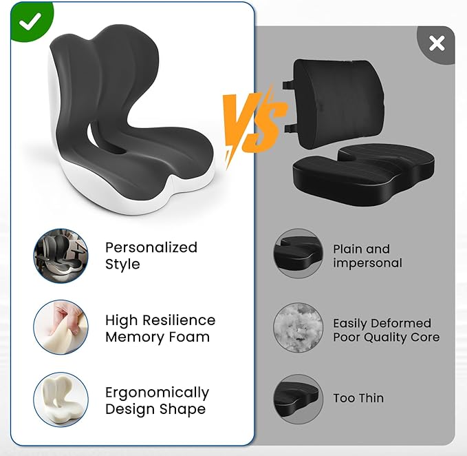 Seat Cushion, Memory Foam Car Seat Cushion with L-Shaped Ergonomic Design, Tailbone Pain & Sciatica Pain Relief Cushion for Office Chair, Car, Truck Drivers, Long Sitting and Wheelchair, 2 PCS