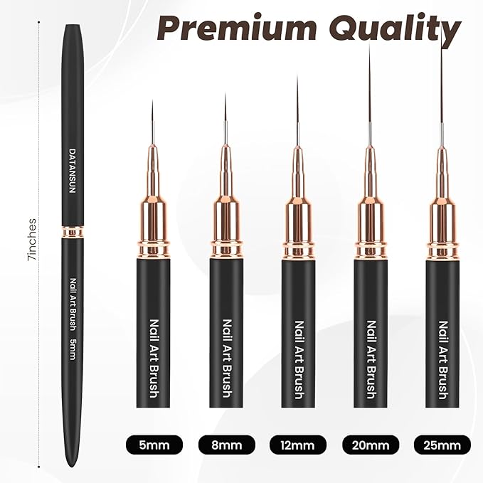 5PCS Nail Art Brushes Set with Pink Leather Case，【Metallic Material】 【Various Size】 【Light Weight】Nail Brush， Nail Brushes for Nail Art，Size：5mm,8mm,12mm,20mm,25mm，Black