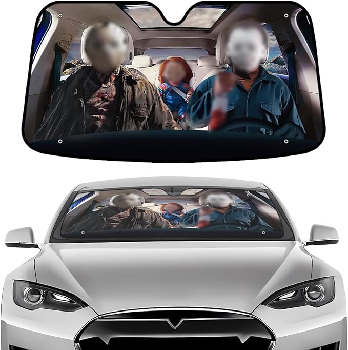 GENANY Horror Movie Character Windshield Sun Shade for Electric Vehicle (59x37 inches), Shades for Front Windows, Sunshade for Car Windshield, Protector Blocks UV, Car Decor