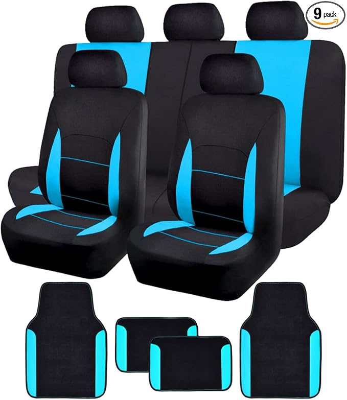 Flying Banner Car Seat Covers Front Seats Rear Bench Polyester car seat Protectors Easy installations Rear Bench Split Classic Man Lady Truck (Full Set - Low Back - Combo Pack, Black Mint Blue)