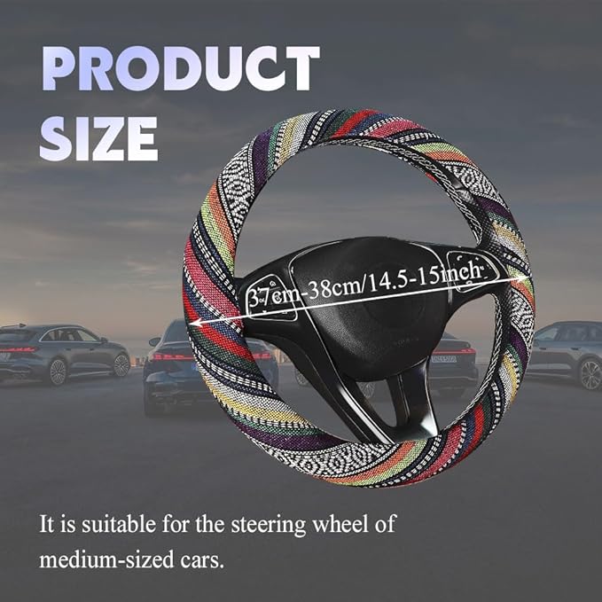 Boho Steering Wheel Cover, Steering Wheel Cover Women, 15 inch Hippie Style Protector Covers, Universal Ethnic Flax Cloth Car Accessories Universal for SUV Van Truck (Hippie-B)