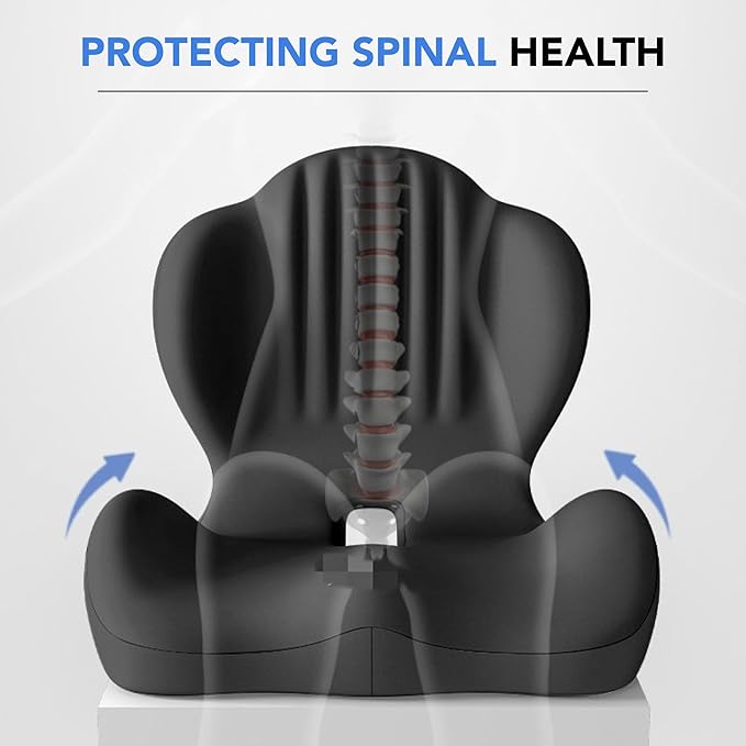 Ergonomic Waist Support and Seat Cushion, 2-in-1 Memory Foam Pad, Hollow Design for Coccyx, Suitable for Office Chairs, Car Safety Seats and Household Use - Relieves Lower Back and Hip Pain (Black)