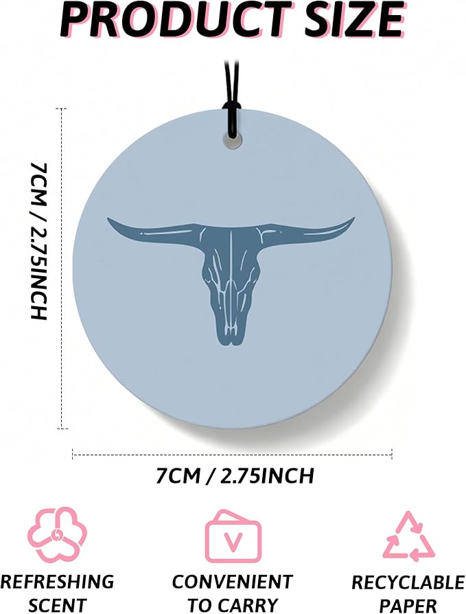 Boho Blue Western Round Car Air Freshener 4 Pcs, Preppy Cow Skull Cactus Cowgirls Boots Hanging Air Freshener for Cars Closet Drawer Books, Western Car Accessories Mirror Decor for Women