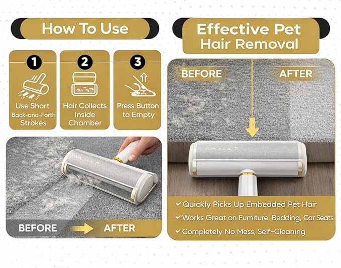 Pet Hair Remover & Reusable Lint Roller – Cat & Dog Hair Remover for Furniture, Couch, Carpet, Bedding, Clothes & Car – Portable Fur Remover Tool + Pet Hair Removal Glove Bundle