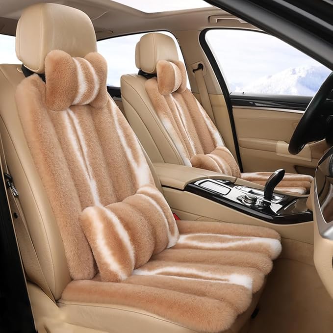 Luxury Plush Car Seat Cushion Set Car Headrest & Lumbar Support & Seat Cushion & Back Support Pillow Fluffy Fuzzy Car Seat Covers Non-Slip Cushion for Universal Accessories Automobiles (4, Khaki)