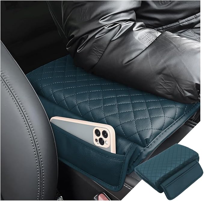 zipelo Car Armrest Cushion, Carbon Fiber Leather Auto Center Console Pad, Memory Foam Armrest Box with Storage Bag, Hand Rest Pillow with Organizer Pockets, Universal Fit for Most Vehicles (Blue)