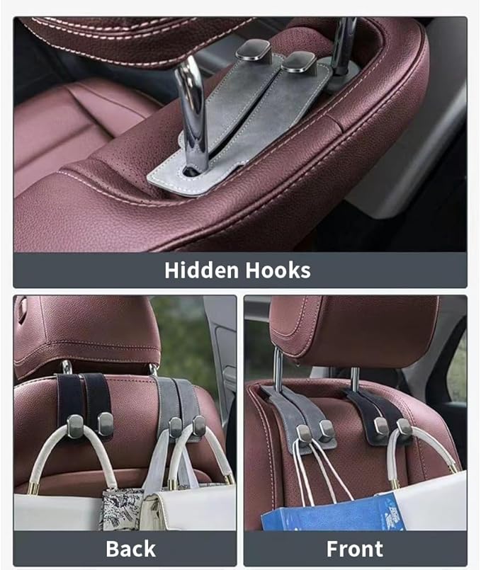KINIVA Car Seat Headrest Storage Hooks, Set of 2, Suede PU Leather, Double Hooks (Black-4 Pack)