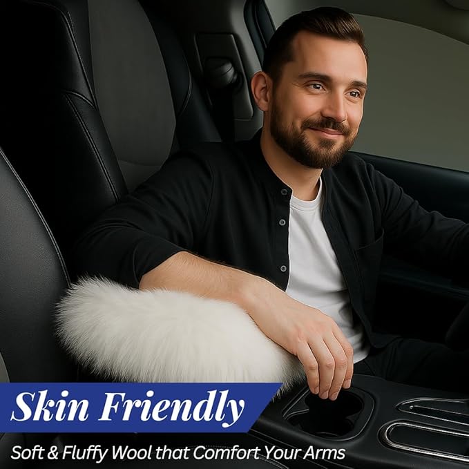 Andalus Brands Pure Australian Sheepskin Fluffy Car Center Console Cover, Luxurious Non-Shedding Furry Arm Rest Cover for Car, Versatile for All Seasons, White - (11.47" X 6.3")