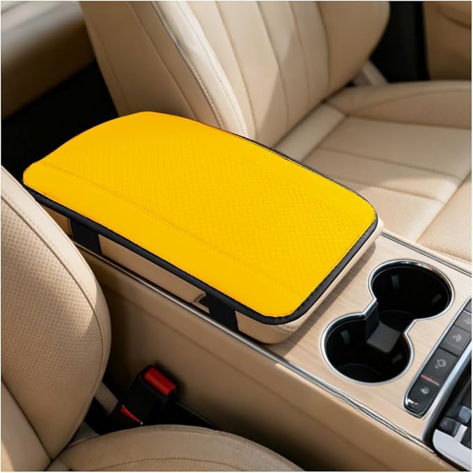Car Center Console Cover, PU Leather Vehicle Armrest Seat Box Cover Protector, Comfortable Automotive Interior Arm Rest Cushion Pad Accessories, Universal for SUV Sedan Truck (Yellow)