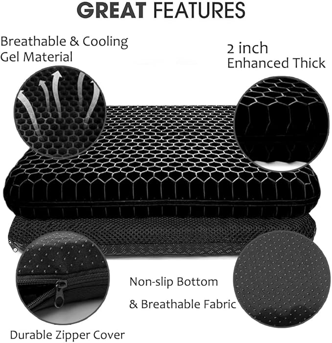Gel Seat Cushion for Long Sitting, Extra Thick Gel Cushion for Wheelchair Soft Chair Pads for Office Home Chairs Car Seats Long Trips - Back Sciatica Hip Tailbone Pain Relief Cushion (Black)