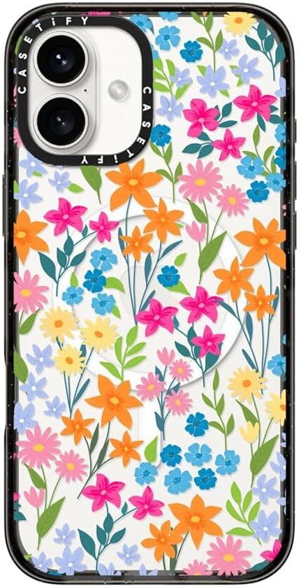 CASETiFY Impact Case for iPhone 16 Plus [Slim / 8.2 ft. 4X Military Grade Drop Protection/Compatible with Magsafe] - Bright Spring Flowers - Clear Black
