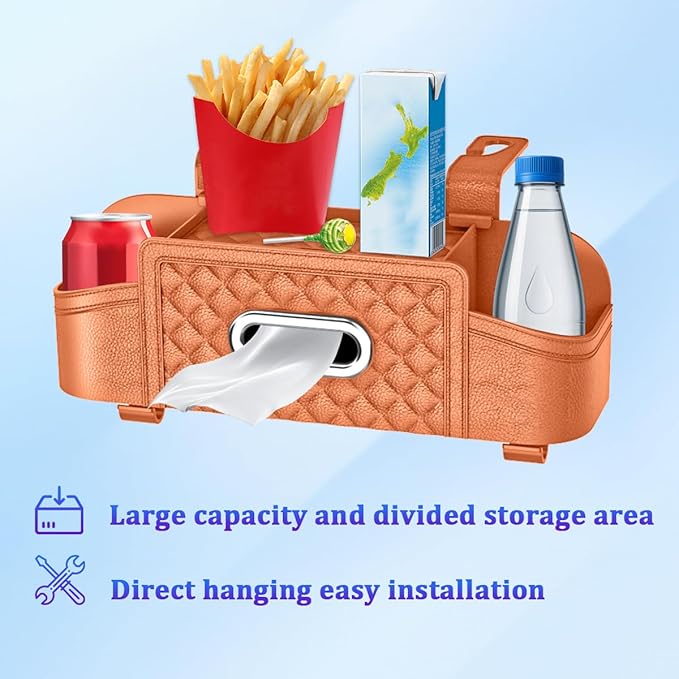 Car Headrest Backseat Organizer, Multifunctional Vehicle Seat Back Hanging Storage Box with Cup Holder and Hooks, Automotive Interior Headrest Storage Organizer, Universal Fit (Orange)