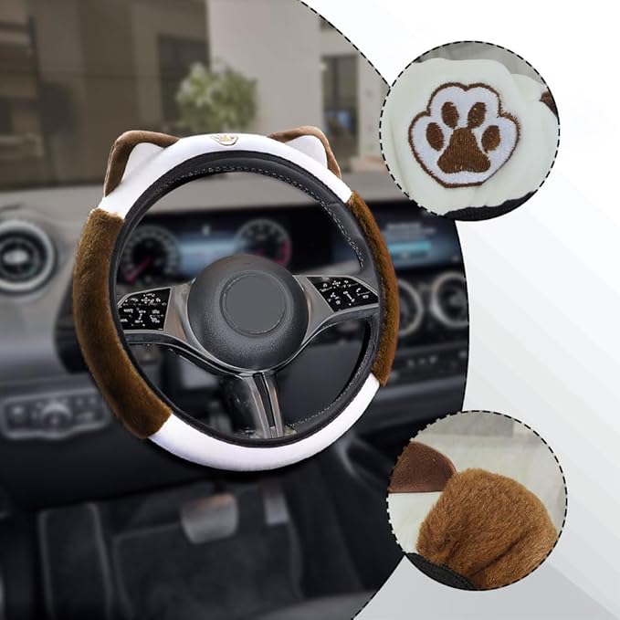 Car Steering Wheel Cover, 15 Inch Fluffy Soft Plush Auto Protector, Anti-Slip Elastic Lovely Car Cover Accessories with Kitty Cat Ears Universal for Most Cars (Fluffy-White+Brown)