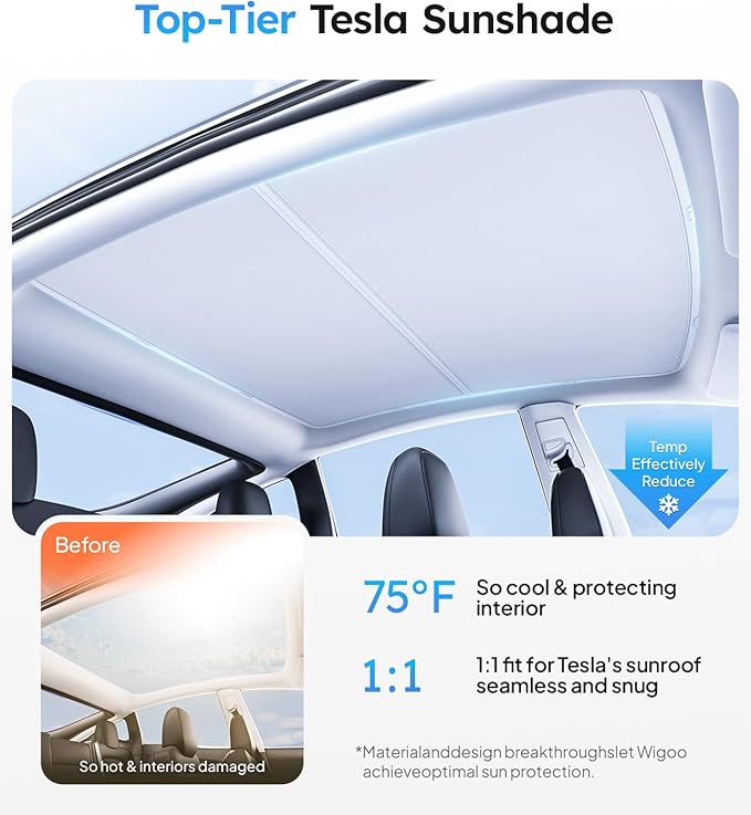 Wigoo Tesla Model Y Sunshade Roof [Never Sag, Nano Ice-Crystal Coatings] 3-Gen Heat Insulation Glass Roof Sun Shade, Accessories for Tesla Model Y 2020~2025, Tesla Interior Gray