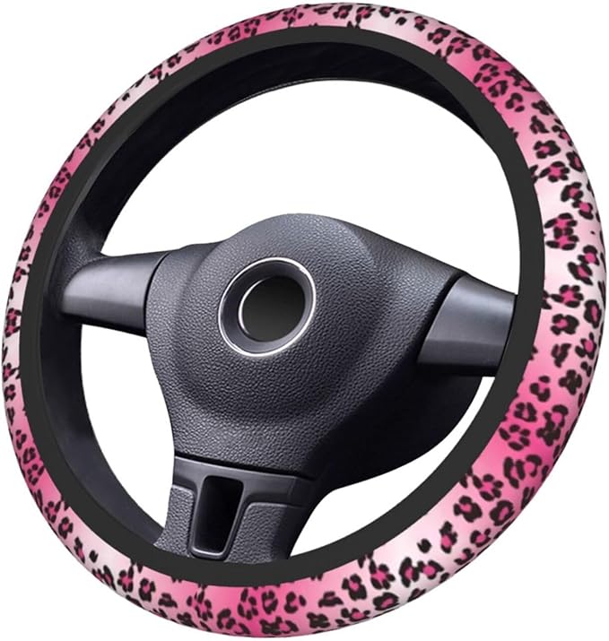 Pink Leopard Print Steering Wheel Cover Cheetah Animal Steering Wheel Cover Anti-Slip Breathable Universal for 15 Inch Car with 2 Pieces Car Coasters Suitable for Men Women