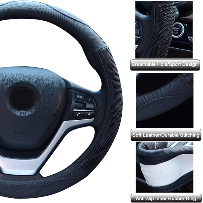 Alusbell Microfiber Leather Steering Wheel Cover Breathable Auto Car Steering Wheel Cover for Men Large-Size with 15 1/2 inches-16 inches Outer Diameter Black