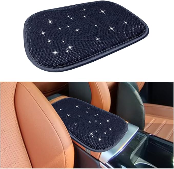 11.9''×8.4'' Bling Car Center Console Cover, Crystal Diamond Elbow Pillow Car Armrest Seat Box Cover, Soft Arm Rest Protective Cushion Pad for Women Girls, Auto Interior Decor for Car SUV (Black)