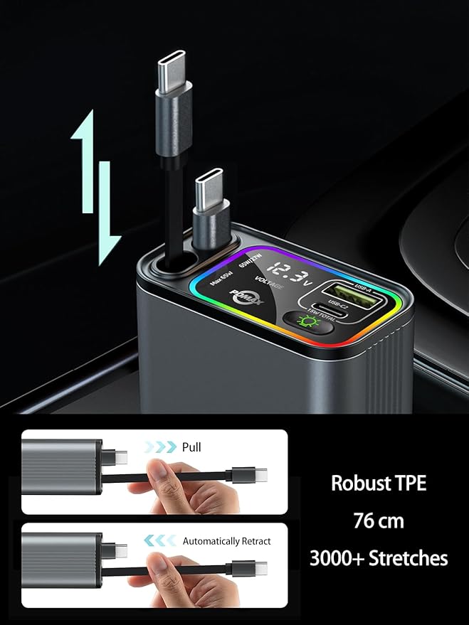 Retractable Car Charger USB C,145W Type C Car Charger Fast Charging with Dual Retractable USB C Cable and USB Ports for iPhone 17/16/15,S25/24/23/22, Pixel 9/8/7（Build-in Dual Type C Cable）