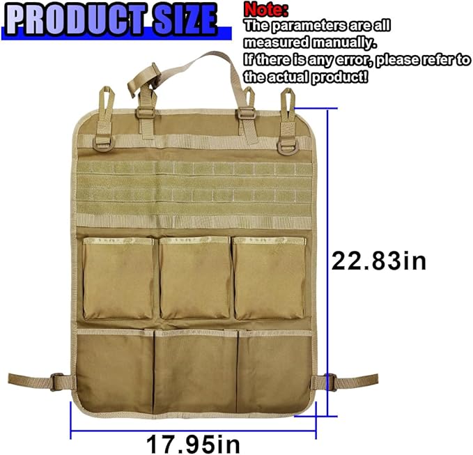 Tactical Molle Panel Car Seat Back Organizer, Waterproof Car Front Seat Protector with Multiple Pockets, Universal Kick Mat for Kids/Pets, Vehicle Backseat Storage Bag for Most Cars (Khaki)