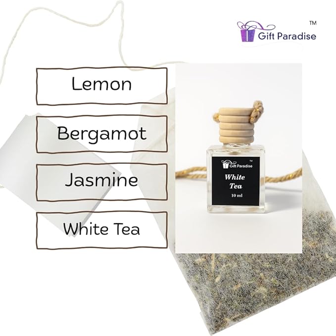 Gift Paradise® White Tea Luxury Spa Car Air Freshener Set of 3 (10ml Each) – Clean Fresh Hanging Diffuser with Wooden Cap, Long Lasting Car Perfume, Gift for Women & Men
