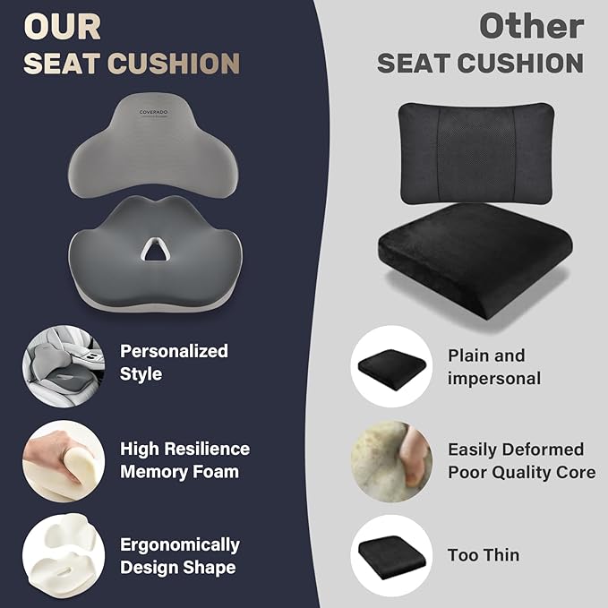 Coverado Seat Cushion and Lumbar Support Pillow for Car Office Chair, Ergonomic Memory Foam Desk Chair Cushion Back Support Pillow, Sciatica & Back & Tailbone Pain Relief Cushion-Black&Gray