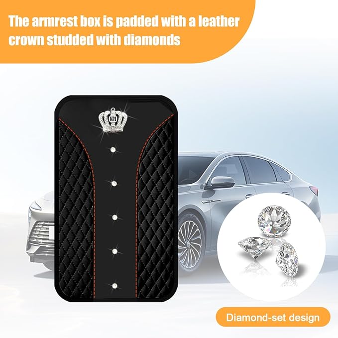 Bling Car Center Console Cover, Crown Crystal Rhinestones Vehicle Armrest Mat Protector, Anti Slip Sparkling Automotive Arm Rest Seat Box Cushion Pad Decor Accessories, Universal Fit (Black)