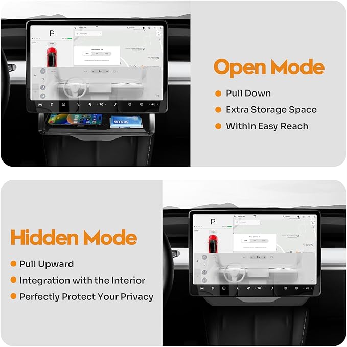Canvcle Hidden Under Screen Storage Box for 2016-2026 Tesla Model Y/Model 3 Accessories,One‑click open & Silent Damping Slides Center Console Organizer (Fit New Model Y Juniper/Model 3 Highland)