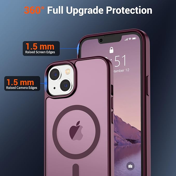 SUPFINE Magnetic for iPhone 15 Plus Case & iPhone 14 Plus Case(Compatible with MagSafe)(Military Grade Drop Protection) Slim Translucent Shockproof Phone Case,Wine Red