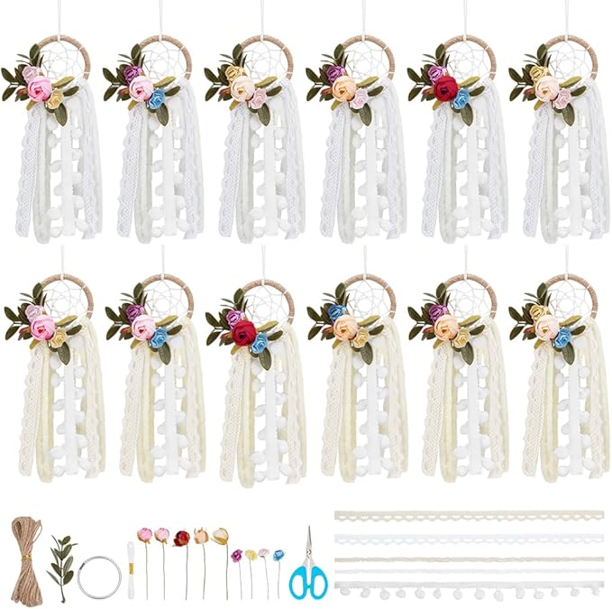 INFUNIY 12set Flower Mini Dream Catcher Kit DIY Dream Catcher Beginner Kit Make Your Own Dream Catcher Kits 6 Inch Small Dream Catchers with Instruction for Teen Room Wall Hanging Car