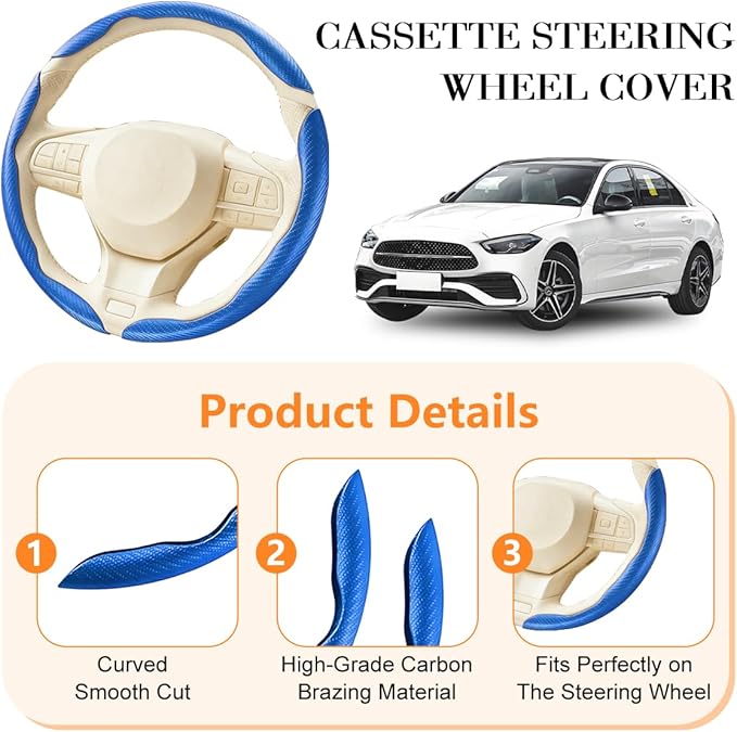 3PCS Carbon Fiber Car Steering Wheel Cover, Leather Segmented Anti-Skid Steering Wheel Protector, Snap on Automotive Interior Protection Accessories, Universal for Vehicles (Blue)