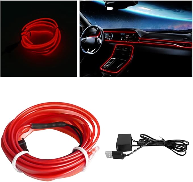 EL Wire Interior LED Strip Lights, 10FT/3M USB Auto Neon Light With Sewing Edge, Electroluminescent Ambient Lighting Kit, Fuse Protection, Car Decoration Accessories (Red/10FT)
