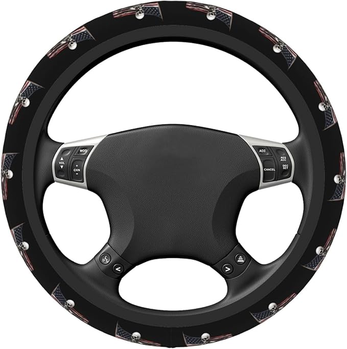Ouqiuwa Skull and US Flag Steering Wheel Cover Women, Comfortable Elastic Steering Car Wheel Cover Fit 15 inches Universal Accessories Suvs Trucks Decor