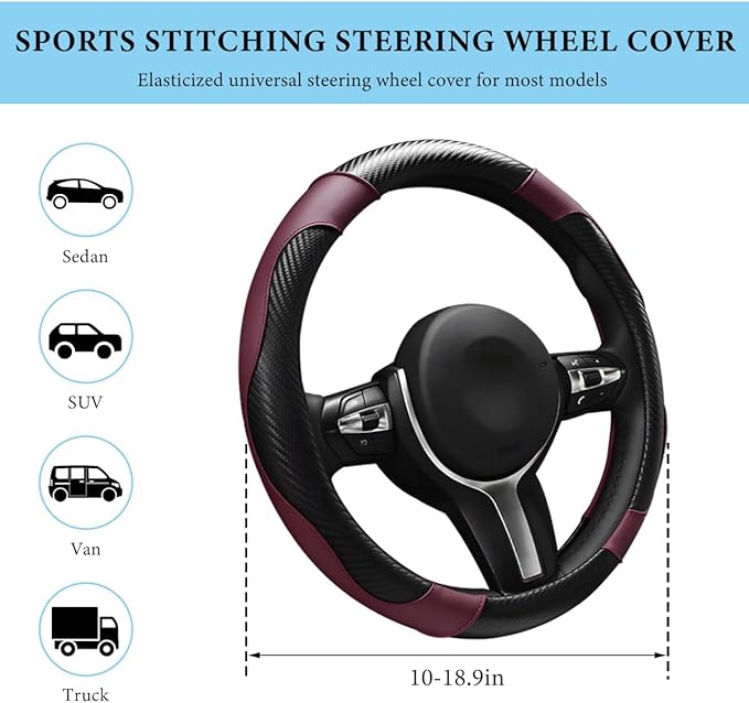 Car Steering Wheel Cover, 15 Inch Anti-Slip Stretch Leather Steering Wheel Protector, Comfortable Breathable Sporty Steering Wheel Cover for Women Men, Car Accessories (Wine Red)