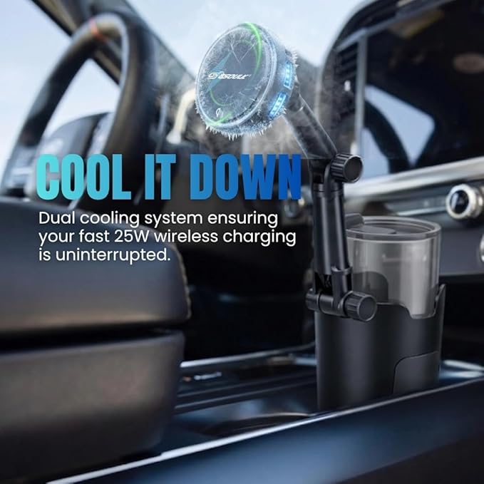 Esoulk [2026 Upgraded] Qi2 25W Fast Wireless Car Charger with Cooling Fan, Cup Holder Phone Mount with Adjustable Long Arm, Magnetic Fast Charging Holder for iPhone & Android