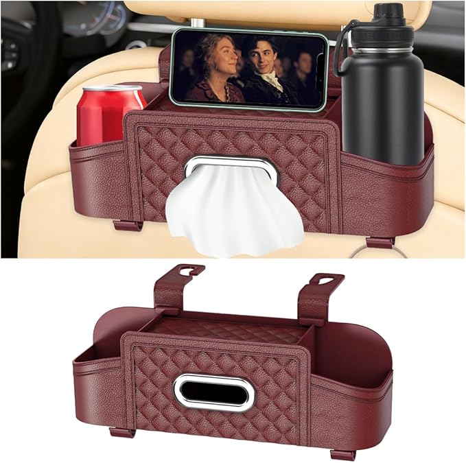 Car Headrest Backseat Organizer, Multifunctional Vehicle Seat Back Hanging Storage Box with Cup Holder and Hooks, Automotive Interior Headrest Storage Organizer, Universal Fit (Wine Red)