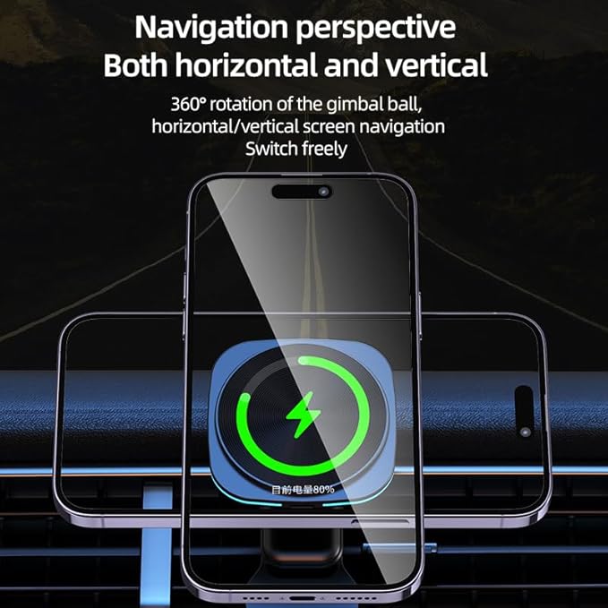 Car Phone Mount – 15W Magnetic Wireless Charger for 12-15 Series, Reliable and Efficient Wireless Charging Phone Holder(Black with Blue Light)