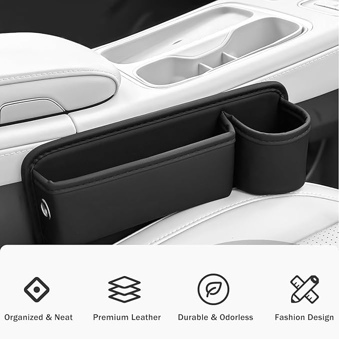 Car Seat Gap Filler Organizer with Cup Holder, Premium PU Leather Interior Accessories for Phone,Sunglasses,Keys, and Small Items, Universal Fit for Car, SUV and Truck,2-Packs Black