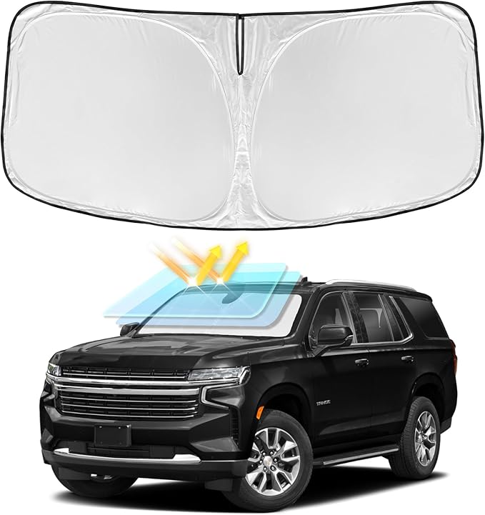 for Chevrolet Tahoe 2021-2026 Windshield Sun Shade - 4 Layers Car Sunshades for Front Windows Shade Cover Custom Fit Tahoe Sun Visor 250T Retractable Shade Blocks UV Rays Car Accessories