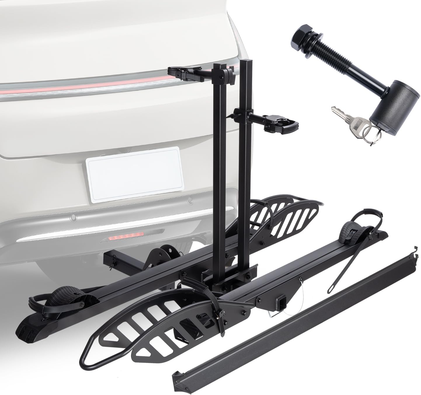 EBike Rack with Ramp, 200 lbs Capacity Heavy Bike Rack Electric Bike Carrier for 2 E-Bike, Foldable Bike Racks for Tow Hitch Up to 5-inch Fat Tire 2'' Receiver