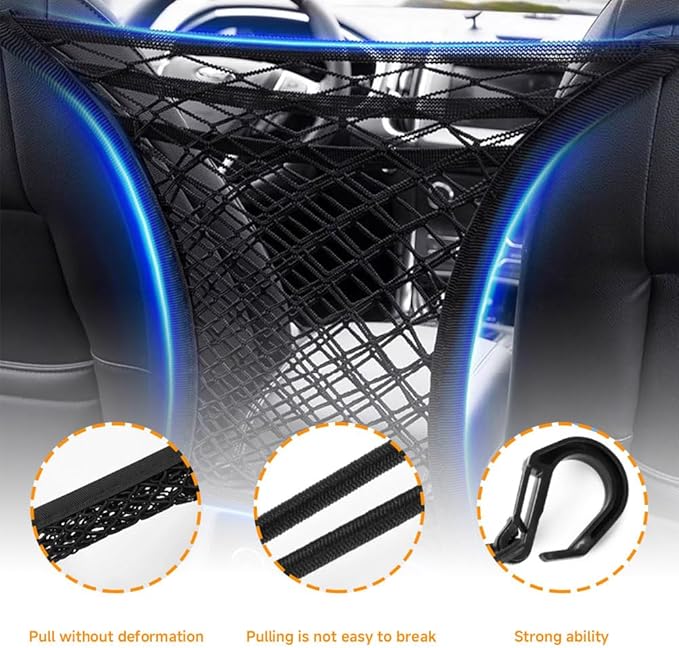 3-Layer Car Mesh Organizer, Seat Back Net Bag, Car Interior Accessories Barrier of Backseat Pet Kids, Cargo Tissue Purse Holder, Driver Storage Netting Pouch Universal for Cars SUVs Trucks