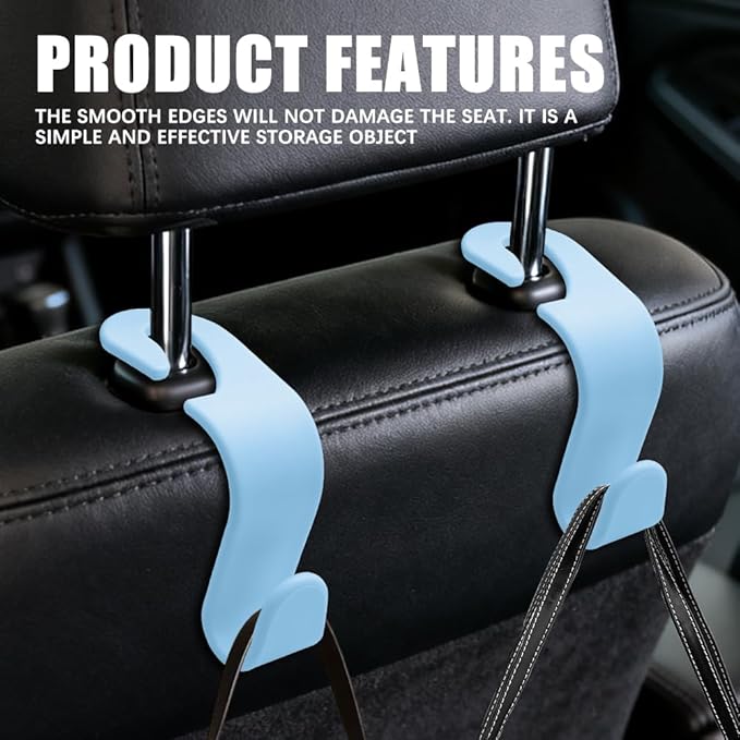 4PCS Car Seat Headrest Hooks, Purse Hook for Car, Auto Back Seat Organizer Storage Hanger Holder, Auto Accessories Multi-Use Portable Headrest Organizer Holder for Purse Handbag Coats (Blue)