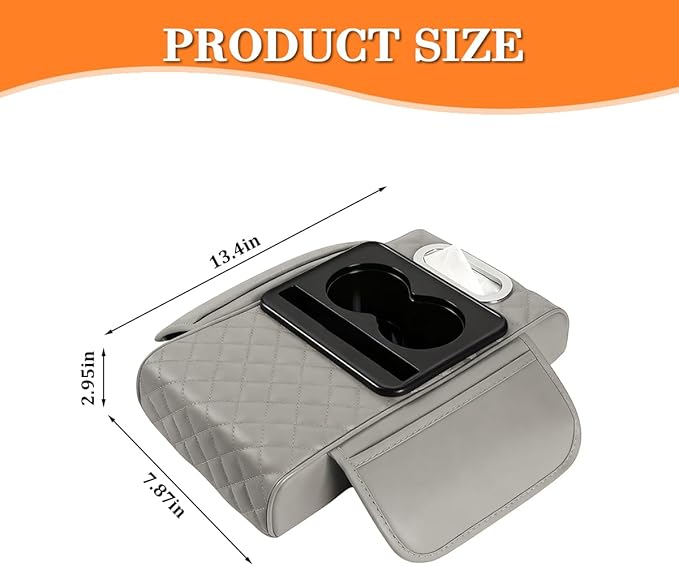 Car Armrest Cushion, 5-in-1 Nappa Leather Vehicle Centre Console Cover with 2 Storage Pockets, Cup Phone & Phone Holder, Multifunctional Auto Organiser Accessories, Universal Fit (Gray)