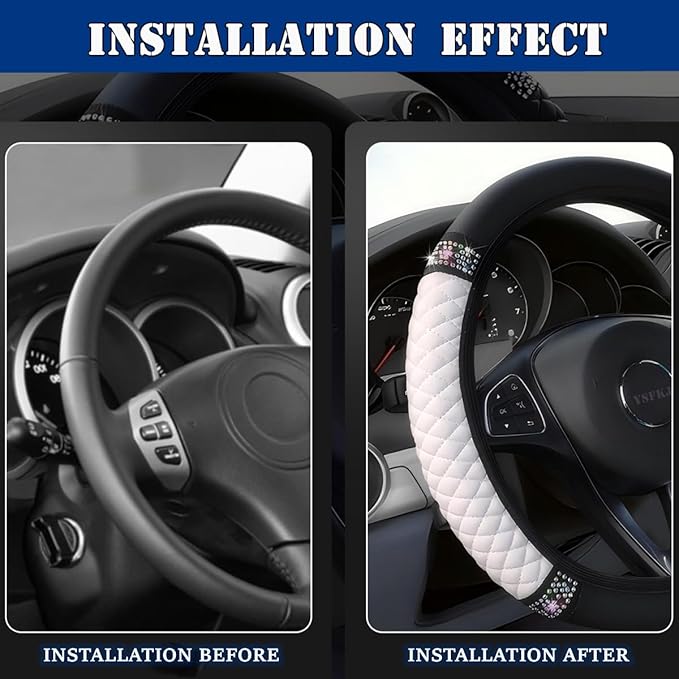 Soft Leather Car Steering Wheel Cover, Universal 15 Inch Colorful Rhinestones Anti-Slip Elastic Steering Wheel Covers for Most Cars, Sparkly Crystal Diamond for Women Girls (White)