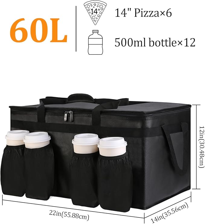 Bodaon Insulated Grocery Bags with 4 Cup Holders -Insulated Bags for Food Delivery with Zippered Top, Food Carrier for Catering, Pizza Bag and Cooler Bag for Takeout, Picnic, Shopping, Car Use