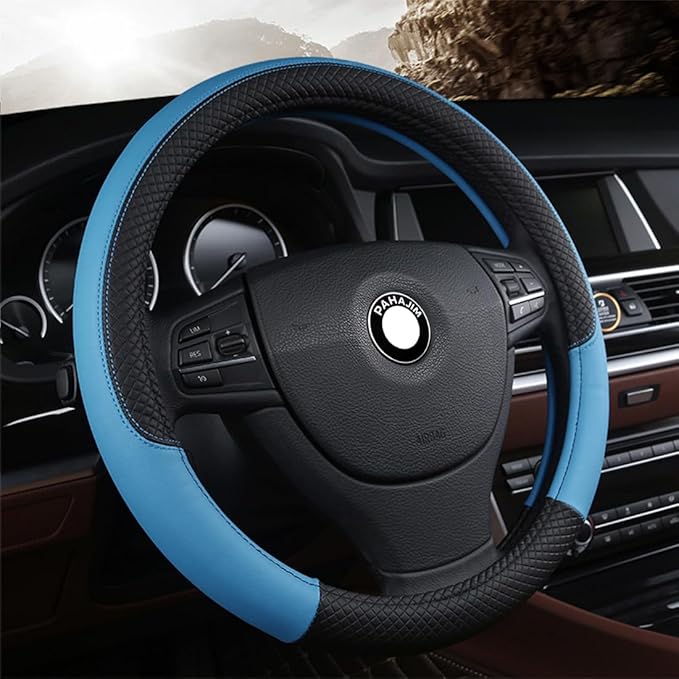 Pahajim Car Steering Wheel Cover for Women Men Universal PU Leather Steering Wheel Accessories Anti Skid 14.5-15 Inch (37-38cm) Forro Volante Carro (Blue)