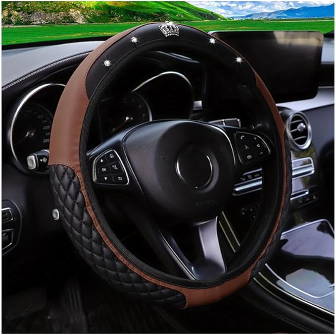 Bling Car Steering Wheel Cover, Diamond Leather Crystal Rhinestones Vehicles Steering Wheel Protector, Sparkling Anti-Slip Automotive Interior Decoration Accessories, Universal Fit (Brown)