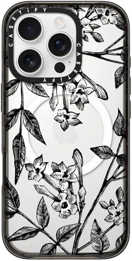 CASETiFY Impact Case for iPhone 16 Pro [Slim / 8.2 ft. 4X Military Grade Drop Protection/Compatible with Magsafe] - Botanical Jasmine - Clear Black